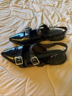 Old Navy Black Patent Pointed Slingback Flats with Buckles